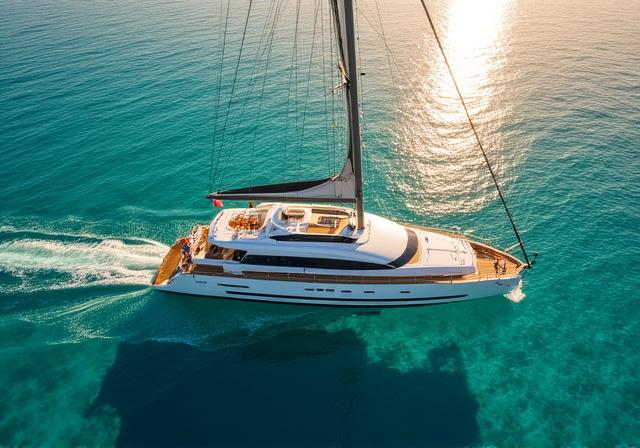 Yacht moderno che naviga in acque cristalline evidenziando la purezza dell'ambiente marino